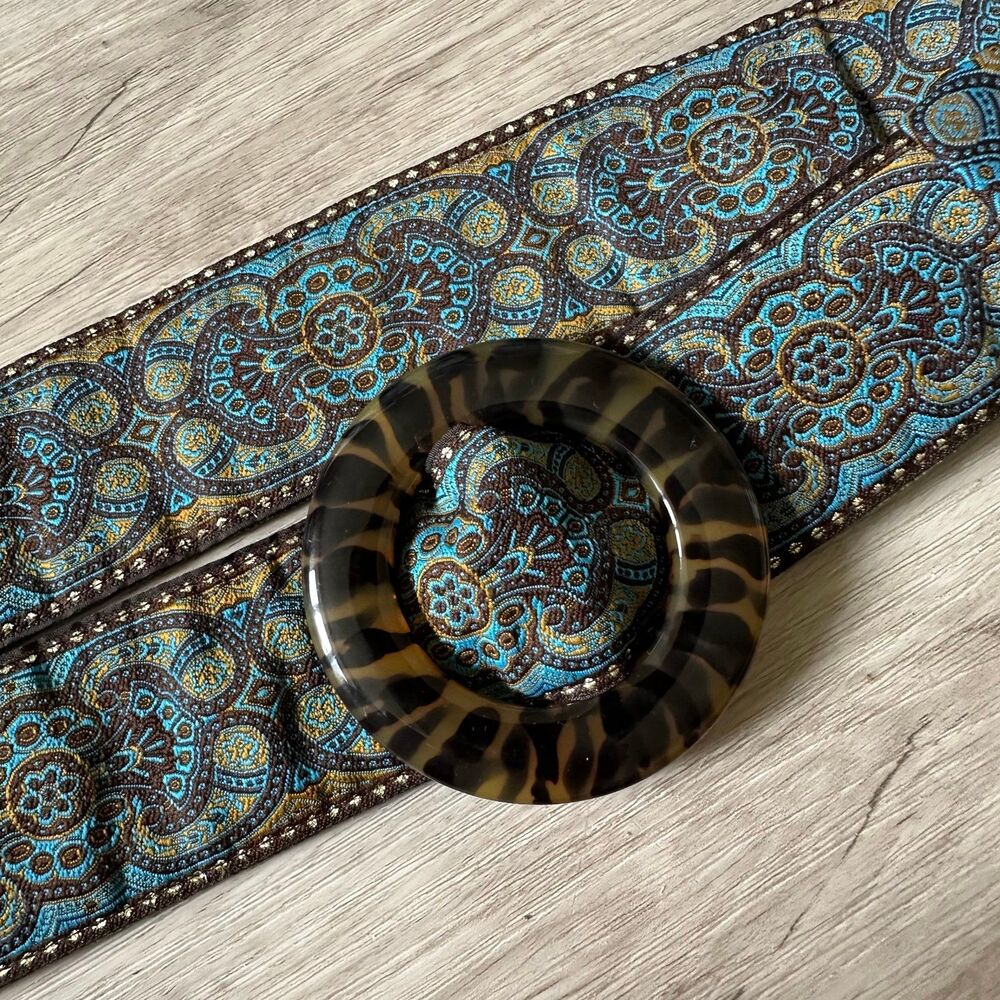 Boho Patterned Wide Jacquard Ribbon Belt Tortoiseshell Acrylic Bangle Buckle